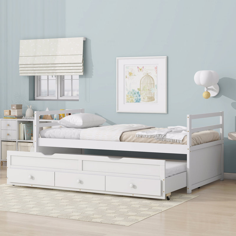 Twin Size Bed Frame With Headboard, Footboard, Trundle And Three With Storage Function Drawers, Twin Size Pine Wooden Frame Material Bed Frame With Headboard, Footboard