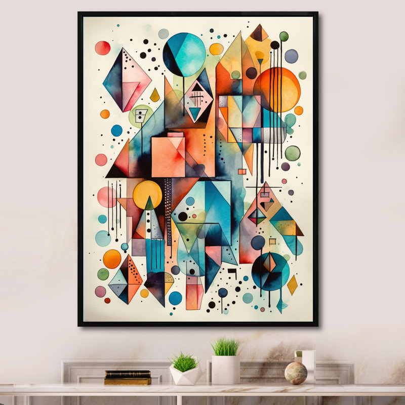 Bleu et orange géométrique équilibre I - salon moderne d'art mural géométrique, H 32 po x l 24 po x P 1 po