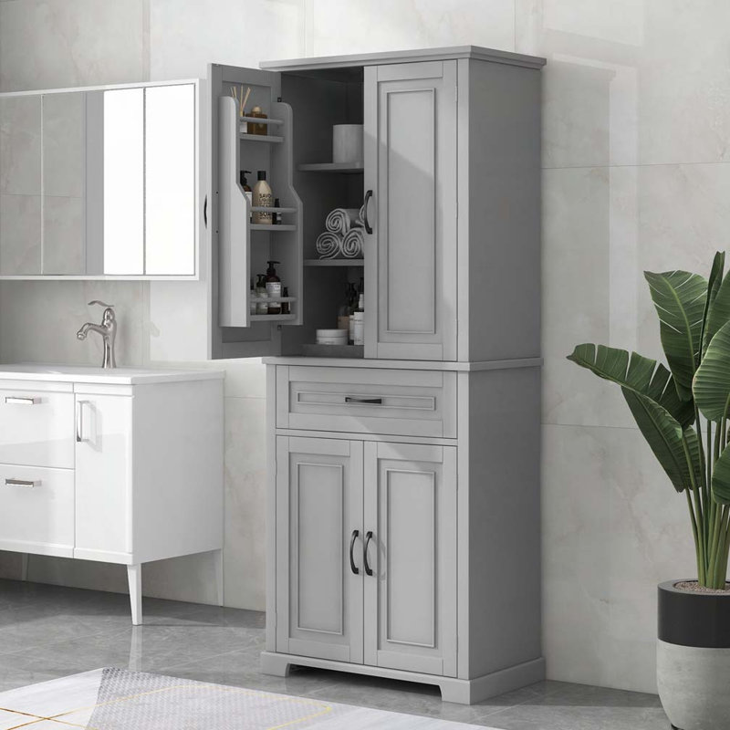 Freestanding Bathroom Storage Cabinet with Doors and Drawer, Multiple Storage Space, Adjustable Shelf, Gray
