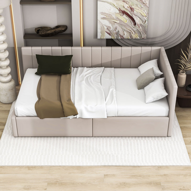 Roya Twin Size Upholstered Daybed with 2 Storage Drawers, Beige