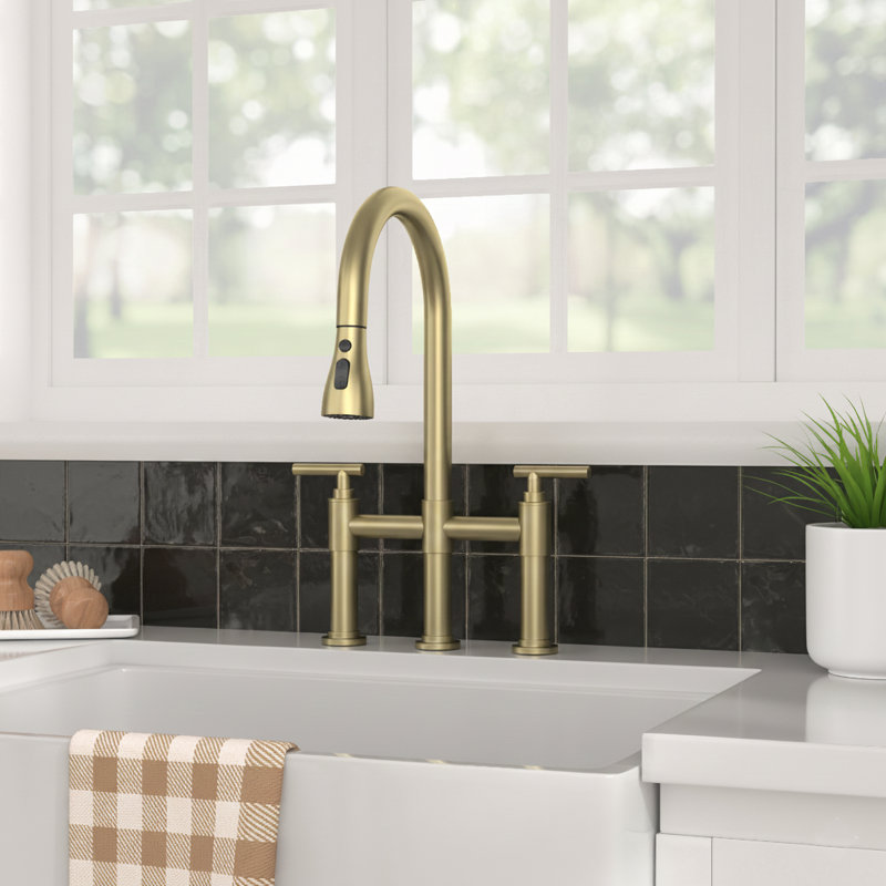 2-Handle Bridge Kitchen Faucet with Pull-Down Sprayer, Gold