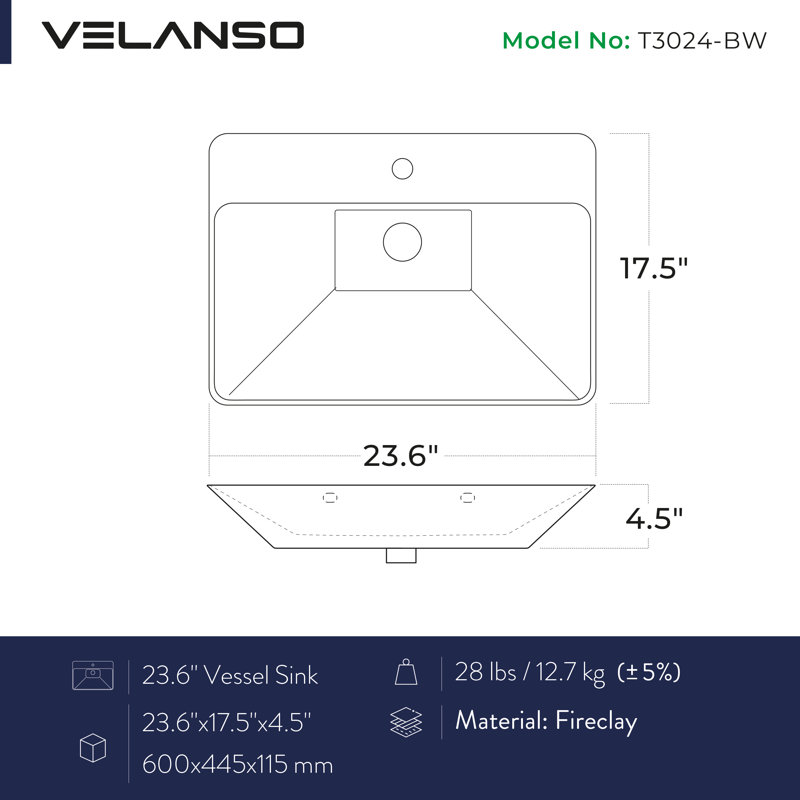 Velanso Belaro 17.5'' Fireclay Rectangular Bathroom Sink with Overflow