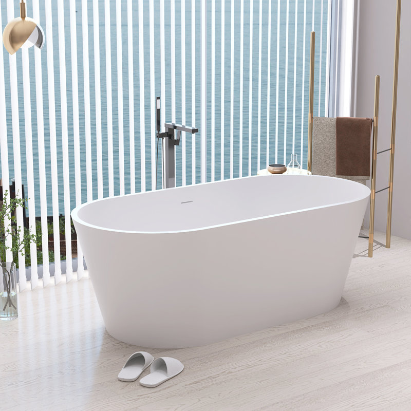65" W Freestanding Stone Resin Soaking Bathtub with Drain Pipe