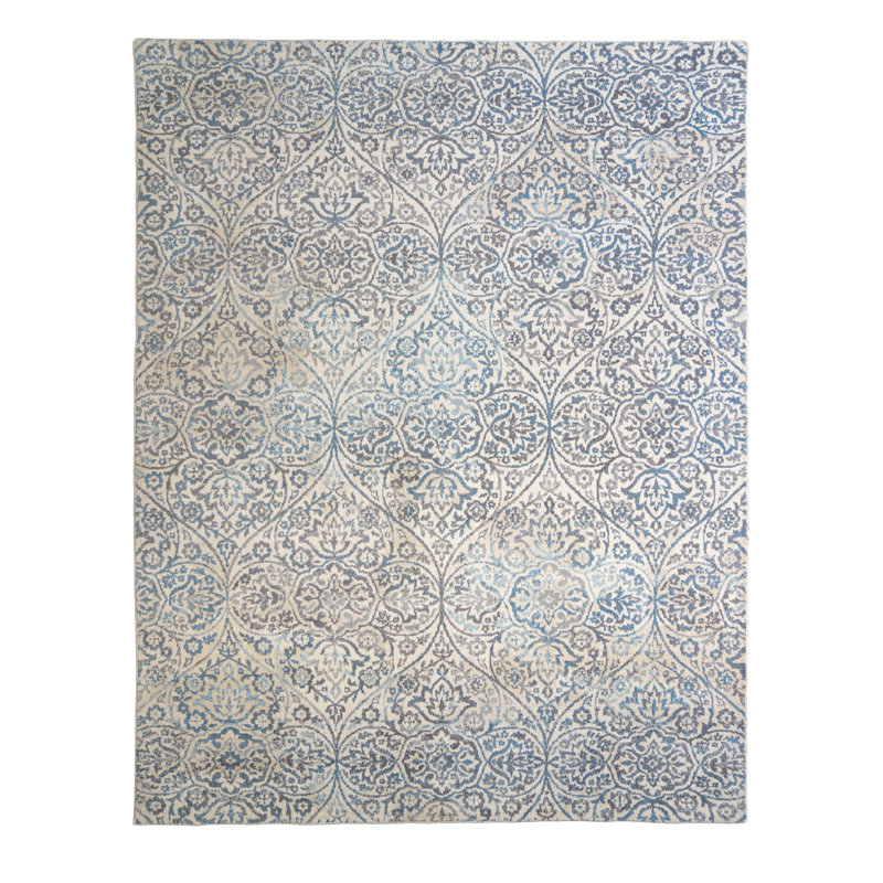 Tapis d'intérieur en polyester à volutes bleu / ivoire / gris Gurdial Tenley, Rectangle 8 pi 10 po x 12 pi 5 po