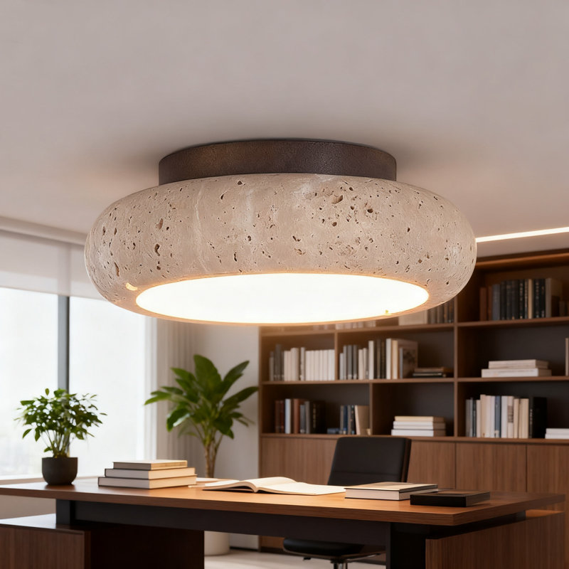 Plafonnier en travertin avec abat-jour rond en pierre, conception moderne Mid-Century Wabi Sabi pour un éclairage d'ambiance doux dans la chambre à coucher, la cuisine, le couloir
