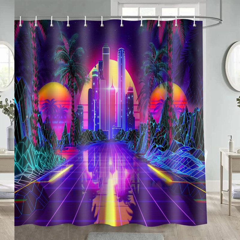 Neon Sunset Retro Punk Shower Curtain - 80s Sci-Fi Tropical Art with Coconut Trees - Colourful Abstract Bathroom Decor Set with 12 Hooks