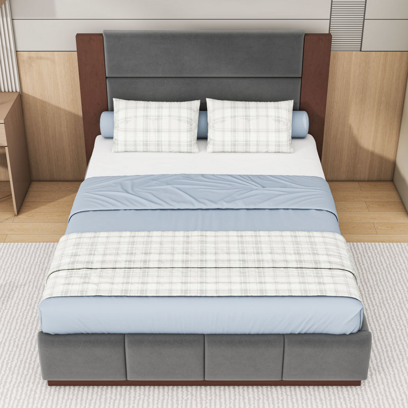 Lit plateforme tapissier élégant avec tête de lit en tissu d'ameublement doux, Grand lit, Gris