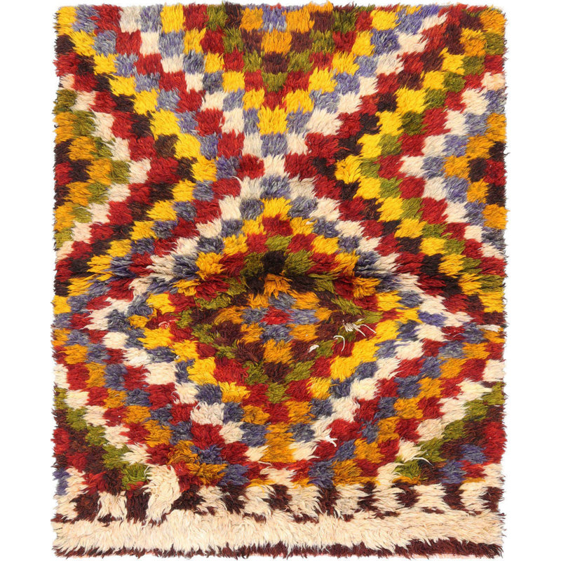 Tapis unique en laine noué à la main de style années 1960 de 3 pi 9 po x 4 pi 9 po en orange / rouge / bleu / brun