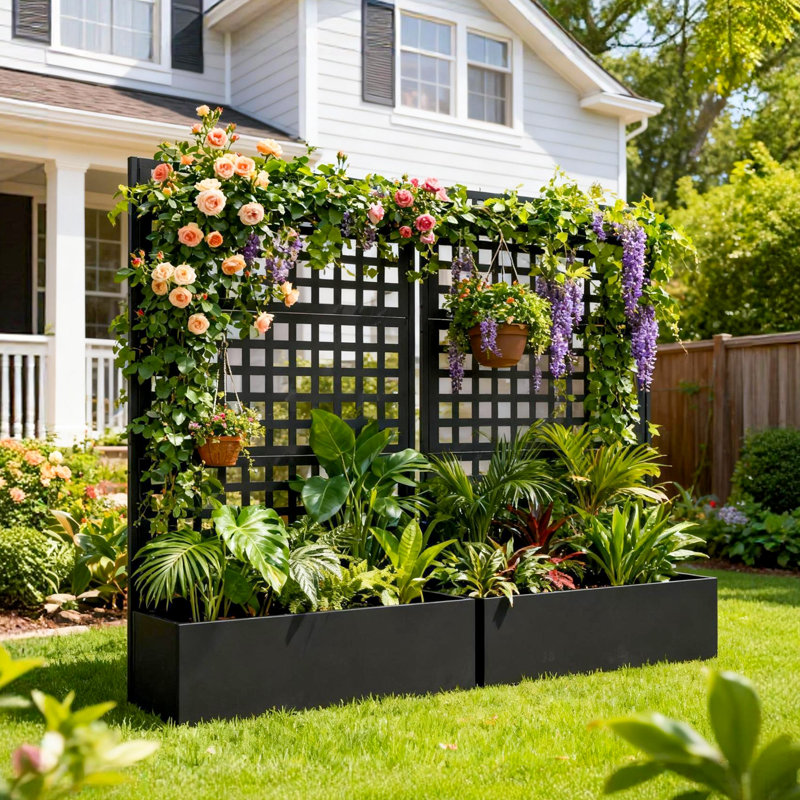 Boîte à fleurs en métal avec treillis, lit de jardin surélevé d'extérieur avec écran d'intimité et trous de drainage pour patio, clôture, 1 pièce