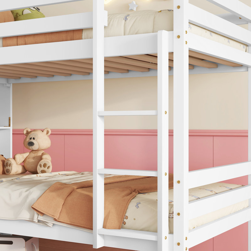 Lit simple au-dessus d'un lit superposé blanc, fabrication en bois d'hévéa, tablettes assurées, lit détachable en 2 lits séparés avec matériau, garde-corps sécurisés et conception