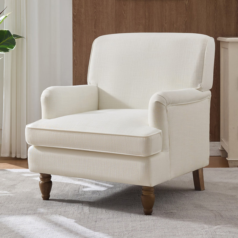 Havencrest Vintage Upholstered Linen Armchair with Rolled Arms and Antique Solid Wood Legs, Cream Linen