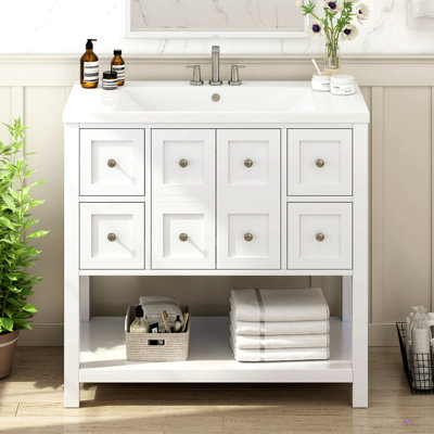 Meuble-lavabo de 36 po avec lavabo sous comptoir, ensemble de meuble-lavabo autoportant avec 4 tiroirs et portes à fermeture douce, armoire de rangement en bois massif