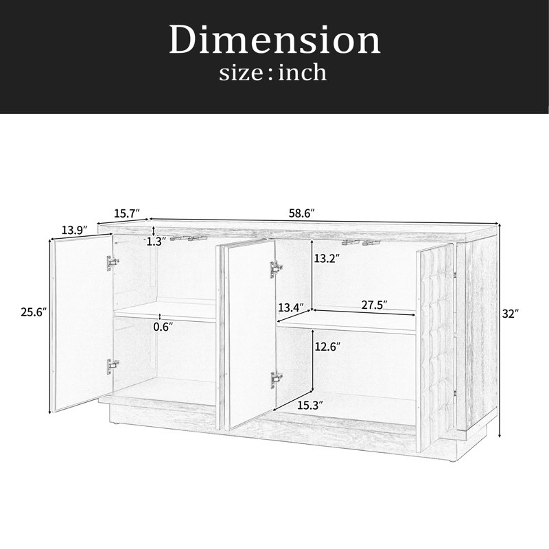 Armoire de rangement moderne à 4 portes avec portes géométriques 3D et garniture en métal pour le salon, la cuisine ou le bureau à domicile