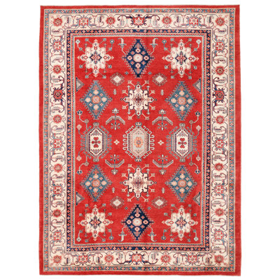 One-of-a-Kind Kazak Hand-Knotted 2010s 8'11" x 11'11" Wool Area Rug in Red/Beige/Blue