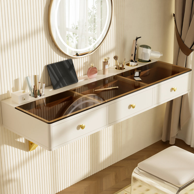 Beige And Golden, 47" Multi - Purpose Floating Table, Bathroom, Hairdressing, Three Drawers, Storage, Electronic Equipment Stand, Exquisite Design, Easy Assembly Wall Mounted Vanity With Drawers For