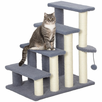 PawHut 4 Levels Cat Steps, Pet Stairs with Scratching Posts and Hanging Play Ball, Ideal for Small and Older Cats