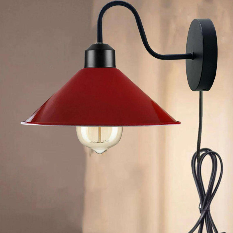 Industrial Modern Anayaa Plug-In Wall Sconce – Metal Cone Shade with Cord Dimmer for Easy Mounting, Red