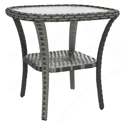 Rattan Coffee Table With Storage Shelf, Wicker Side Table With Glass Top, Outdoor End Table For Garden, Porch, Backyard, Mix Gray