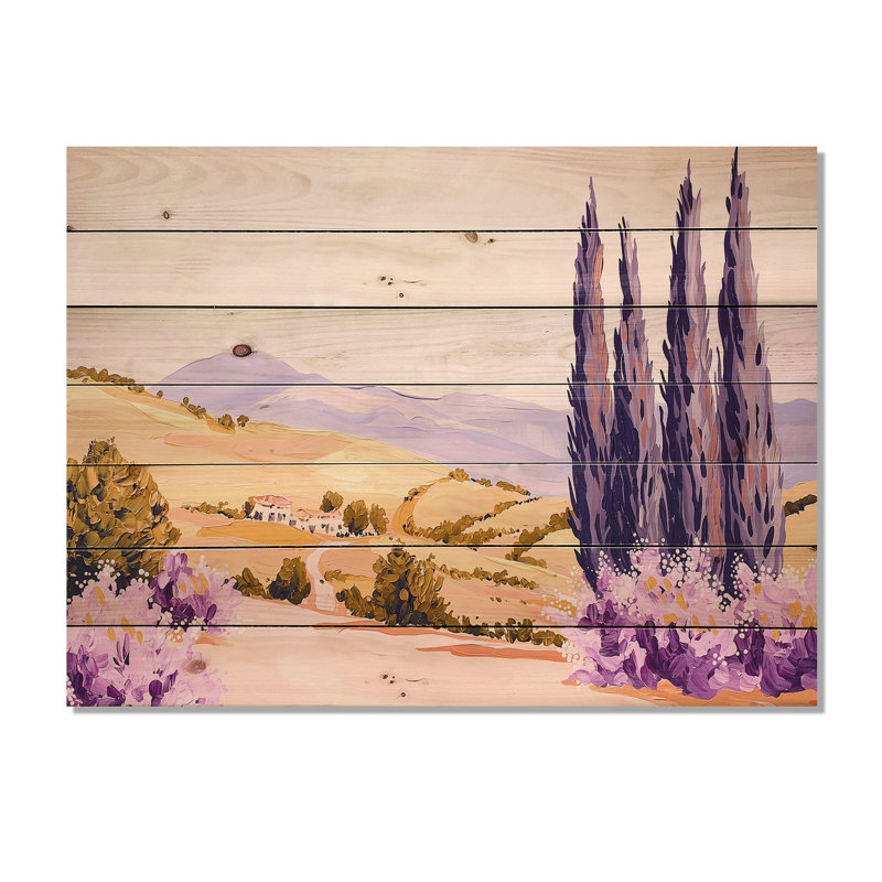 Champ de lavande en France III - Décoration murale traditionnelle sur bois de pin naturel, H 30 po x l 40 po