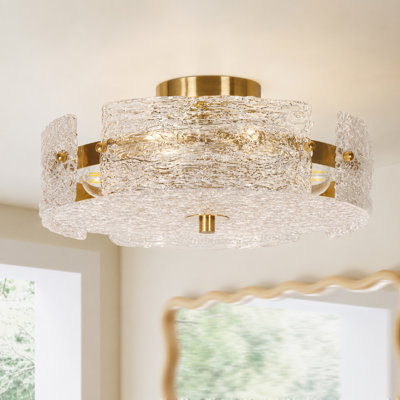 Modern Glam 16 in. Crystal Plating Brass 4-Light Semi-Flush Mount Light with Textured Glass Shades for Foyer, Bedroom