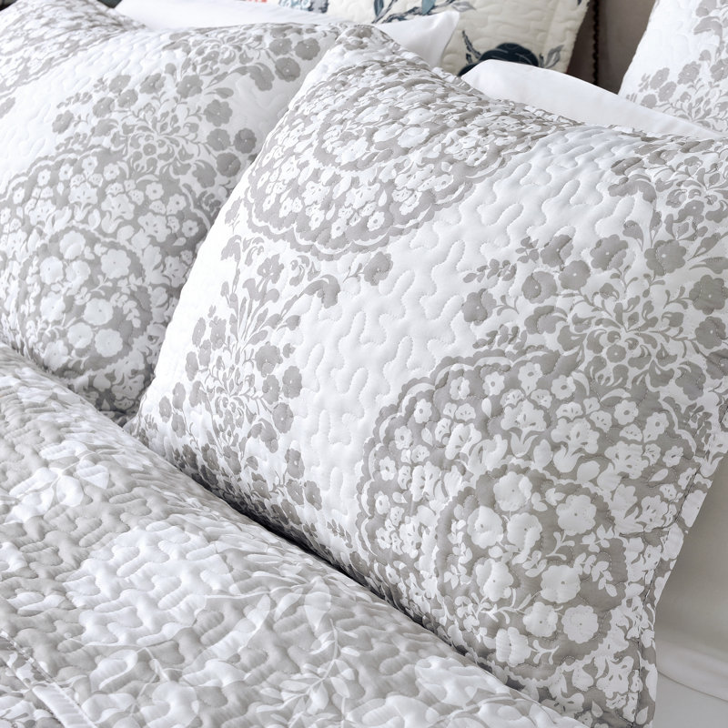 Ensemble de courtepointe réversible en microfibre 3 pièces , Courtepointe grande + 2 taies décoratives, Grège clair / blanc