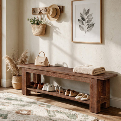 Banc d'entrée en bois massif, banc extra long rustique 70,9 po avec rangement pour chaussures
