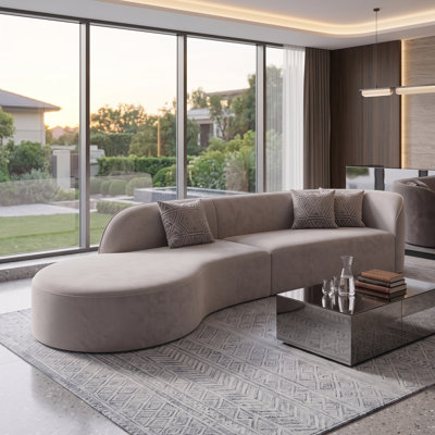 Canapé incurvé contemporain, canapé de salon moderne et luxueux avec revêtement en tissu moelleux et structure en bois massif, gris beige