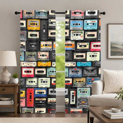 2Pcs Retro Cassette Tape Pattern Curtains, Colorful Music Theme Print Drapes, Vintage Aesthetic Style Grommet Window Panels for Bedroom Living Room Decor