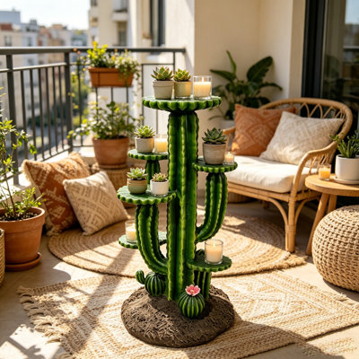 Support pour plante 32 po Saguaro Cactus en résine avec 3 tablettes, grand porte-pot de fleurs multi-niveaux en forme de cactus, décoration de jardin extérieure résistante aux intempéries pour patio