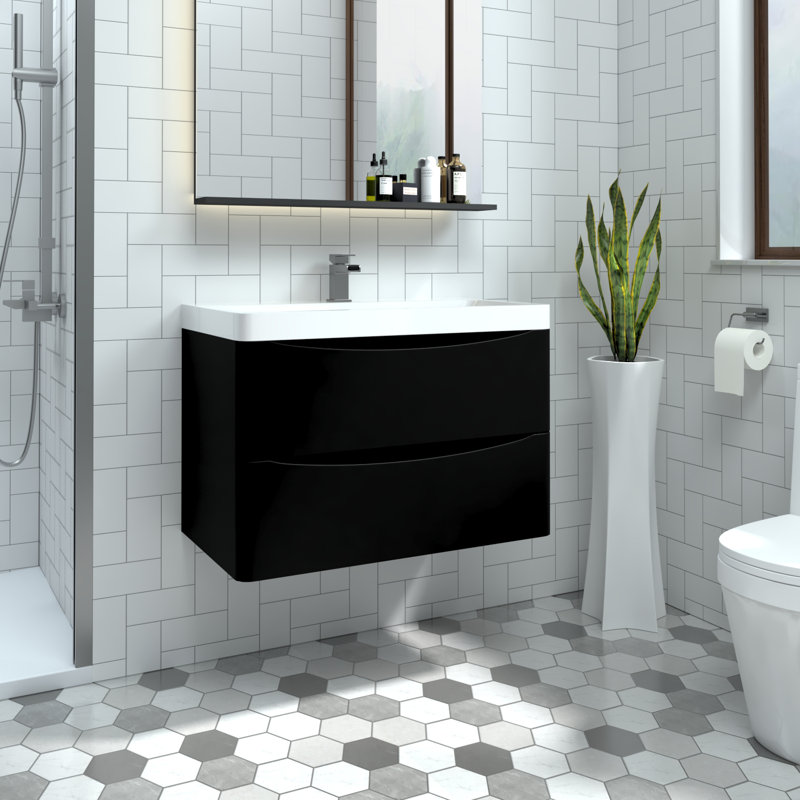 800mm 2 Drawer Wall Hung Vanity Bathroom Cabinet & Basin Set, Black