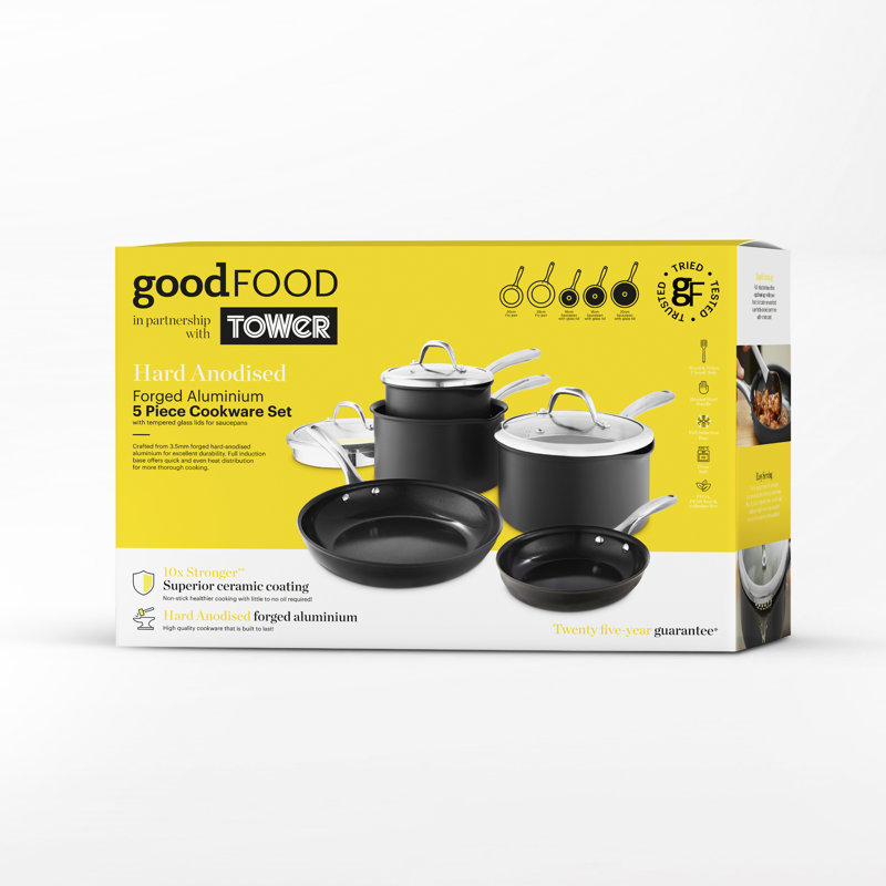 GF900258 Good Food in partnership with Tower Hard Anodised 5 Piece Cookware Set with Tempered Glass Lids, Pouring Lips, 15x Stronger Ceramic Non-Stick Coating, Induction Compatible, Grey