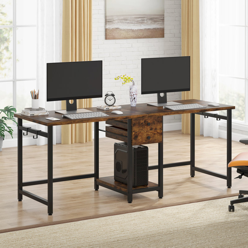 Rushali 200 cm W two-person office desk, Rustic Brown, Black