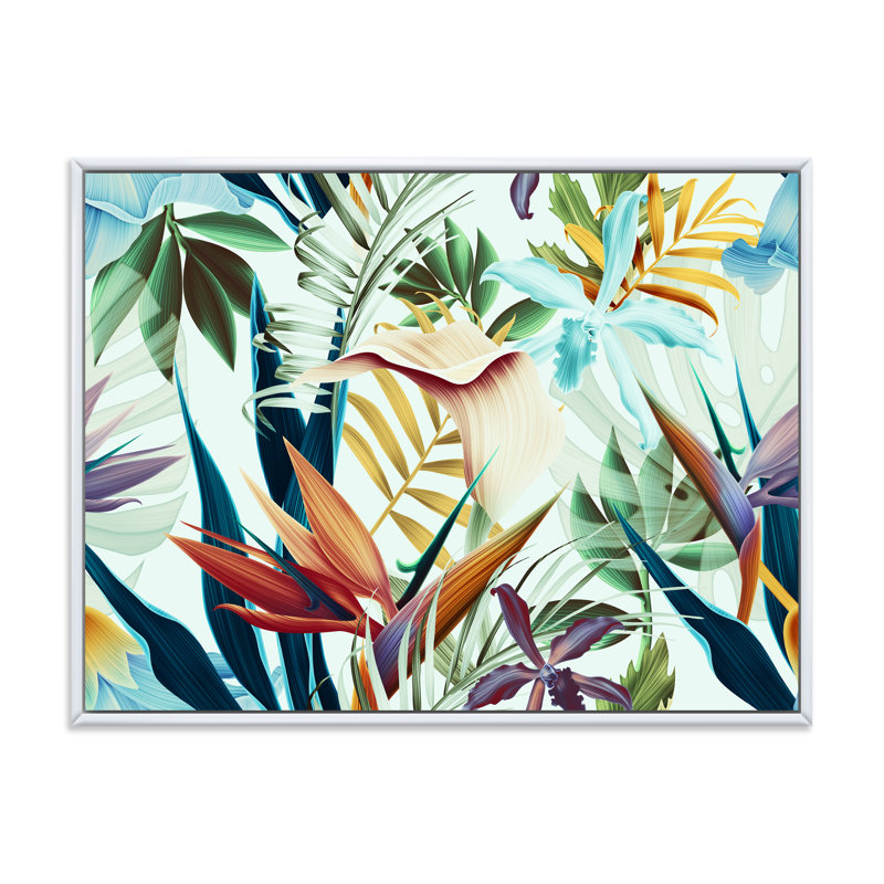 Fleurs tropicales rétro I - Impression sur toile, H 30 po x l 40 po x 1,5 po, Cadre flottant blanc