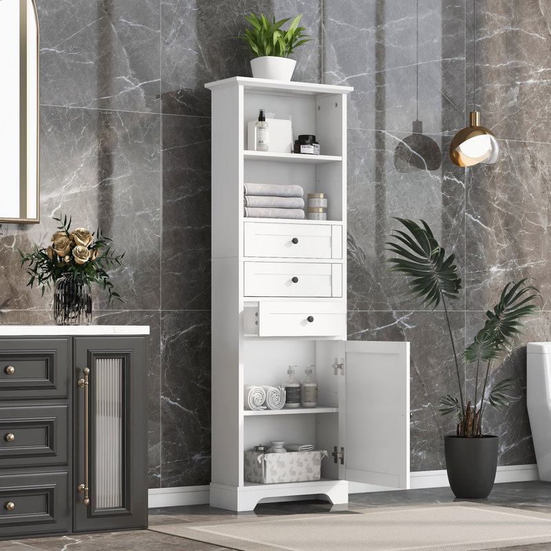 Grande armoire de rangement blanche avec 3 tiroirs et tablettes réglables pour la salle de bain, la cuisine et le salon, panneau de fibres à densité moyenne avec finition peinte