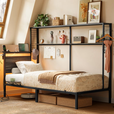 Multifunctional Twin Size Metal Bed Frame With Headboard, Built-In Led Lights, Charging Station, Bookshelf, Bedside Shelf
