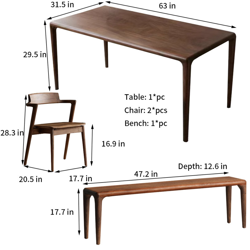 Black Walnut Dining Table And Chairs 4 - Person Walnut Solid Wood Top Four Leg Dining Set