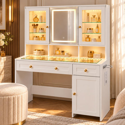 Meuble-lavabo Nayaab avec organisateur de bijoux, miroir intelligent à DEL et lumières RVB, plateau de table en verre élégant et portes latérales