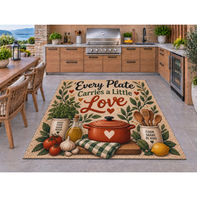 Tapis d'extérieur 152 x 213 cm (5 pi x 7 pi) « Chaque assiette porte son amour » - Motifs : pot rouge, tomate, citron, herbes - Tapis bouclé épais en PVC imperméable, séchage rapide - Idéal pour cuisine, porche, terrasse ou entrée