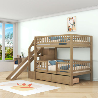 Lit superposé simple au-dessus de 2 tiroirs en bois avec escalier de rangement et glissière