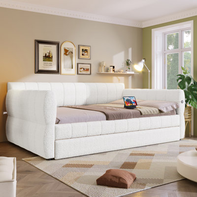 Queen Size Upholstered Platform Bed with USB Ports & Trundle – White Storage Guest Bed for Modern Bedrooms