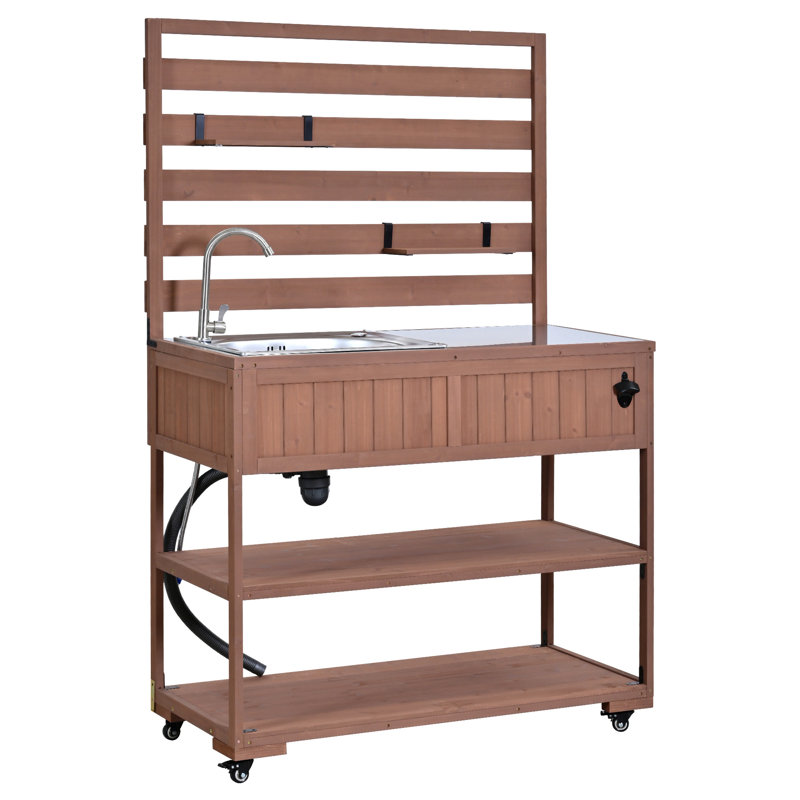 41.7'' Large Patio Rolling Kitchen Island Solid Wood Kitchen Cart With Sink, Garden Potting Bench With Stainless Table Top, 2 Movable Shelves And 1 Bottle Opener