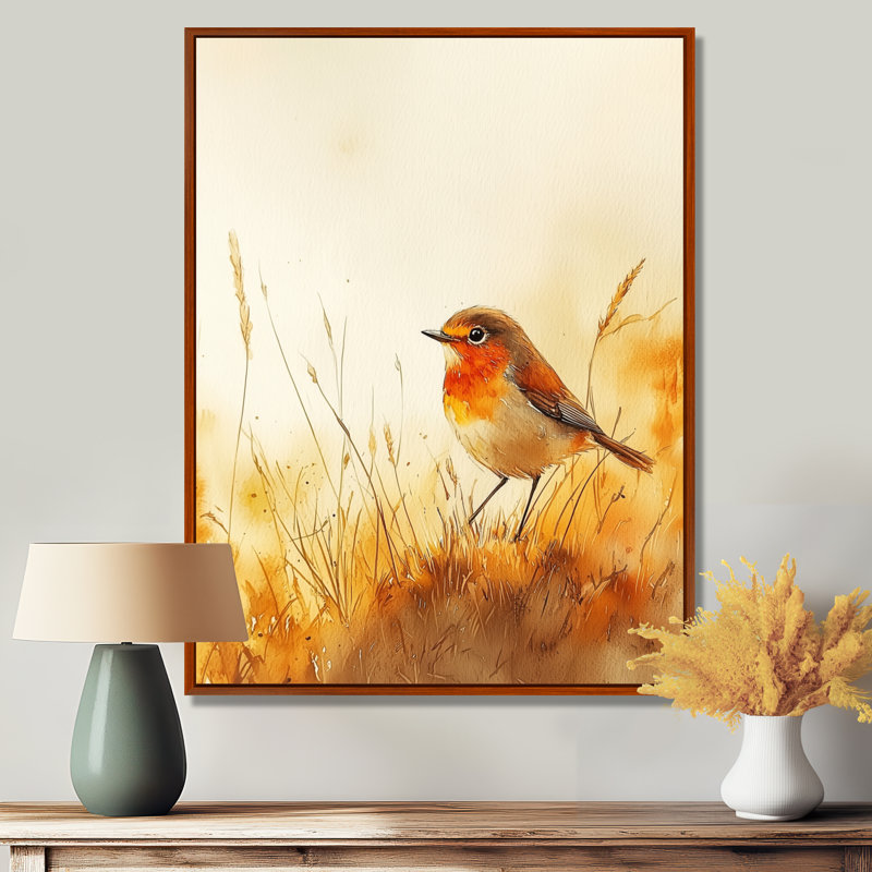 «Ladner Robin Bird In The Meadow», reproduction d'art sur toile, Brun, Impression encadrée flottante, H 20 po x l 12 po