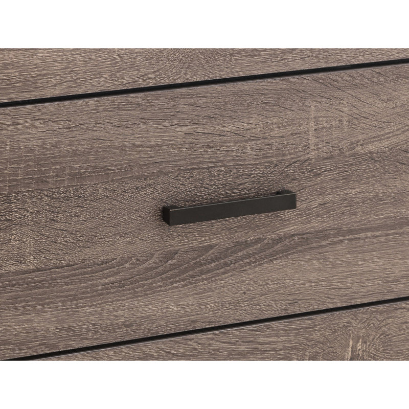 Grand lit plateforme avec tête de lit à lattes, deux tiroirs pour un rangement discret et une finition en chêne naturel sur les tiroirs à panneaux en bois, pour une chambre à coucher de style rustique
