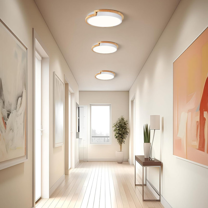 Modern LED Close To Ceiling Light, Round Flush Mount Ceiling Lighting Fixture, Matte White With Wood Accent, Minimalist Kitchen Light Fixtures For Bedroom, Entryway, Living Room
