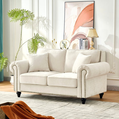 63" Modern 2-Seater Sofa With Rolled Arms,Chenille Upholstered Couch With Wood Legs And Nailhead Trim For Living Room, Apartment,Beige