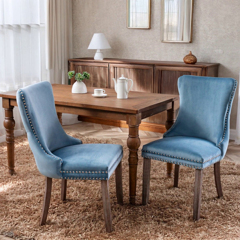 Upholstered Wing-Back Dining Chair With Backstitching Nailhead Trim And Solid Wood Legs, Light Blue Velvet