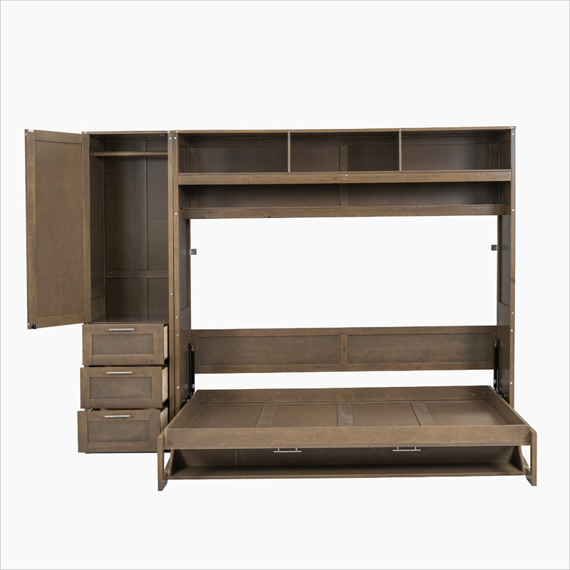 Lit escamotable double avec garde-robe, tiroirs et tablettes ouvertes