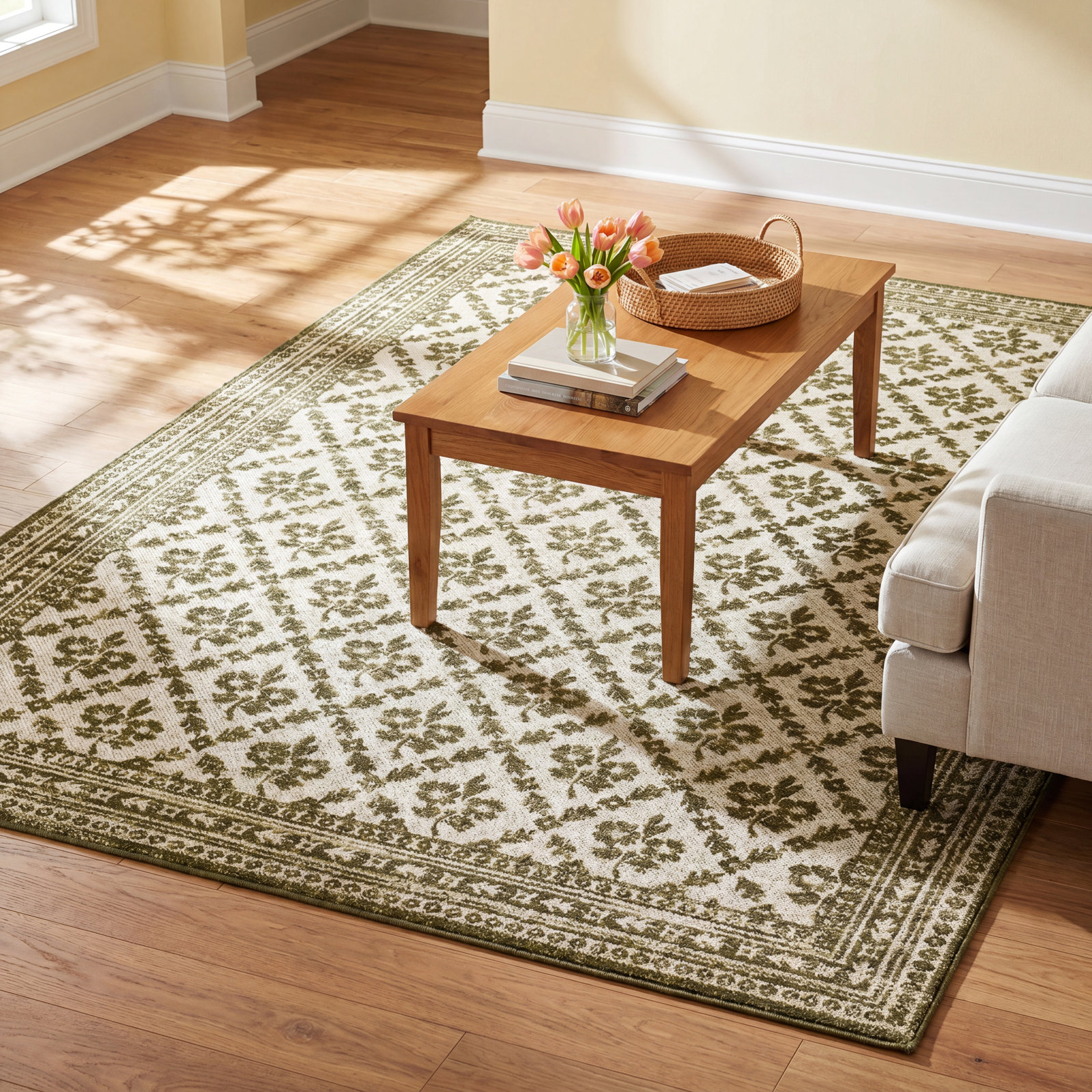 Anders Green Floral Wool Rug, Rectangle 5'3" x 7'6"