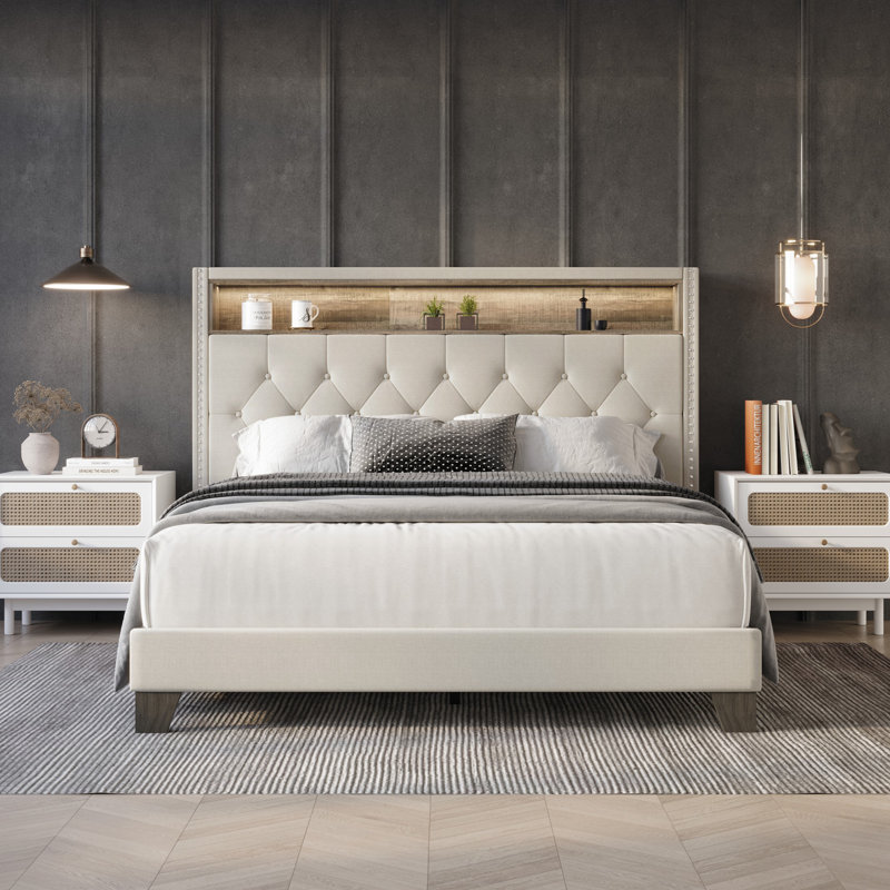 Fording Upholstered Bookcase Storage Bed, Full, Warm Gray