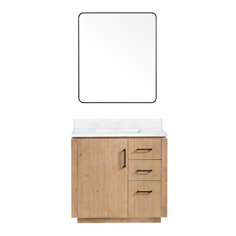 Ensemble de meuble-lavabo simple 36 po avec plateau en pierre et miroir Cloverfield, Bois de sapin brun, Noir mat